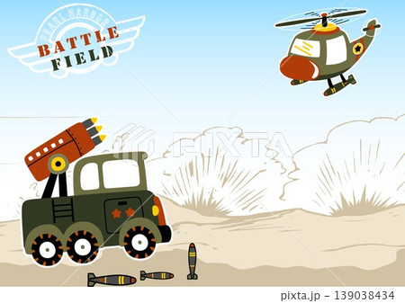 Military truck with missile versus military helicopter within, battlefield vector cartoon illustration 139038434