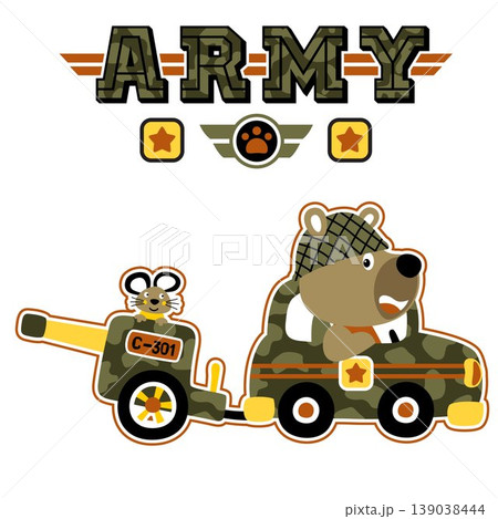 Funny bear with mice on military vehicle, military elements, vector cartoon illustration Funny bear with mice on military vehicle, military elements, vector cartoon illustration 139038444