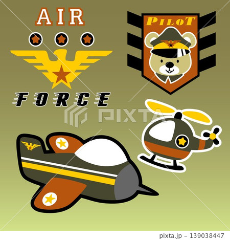 Military air vehicle with funny bear in soldier cap, military elements, vector cartoon illustration 139038447