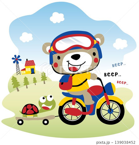 Cute bear riding motorcycle pulling turtle with skateboard on rural scenery background, vector cartoon illustration Cute bear riding motorcycle pulling turtle with skateboard on rural scenery background, vector cartoon illustration 139038452