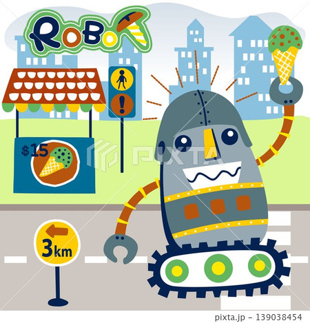 Funny robot buy a ice cream in city, vector cartoon illustration 139038454
