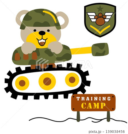 Cute bear wearing soldier helmet on armored vehicle with military elements, vector cartoon illustration 139038456