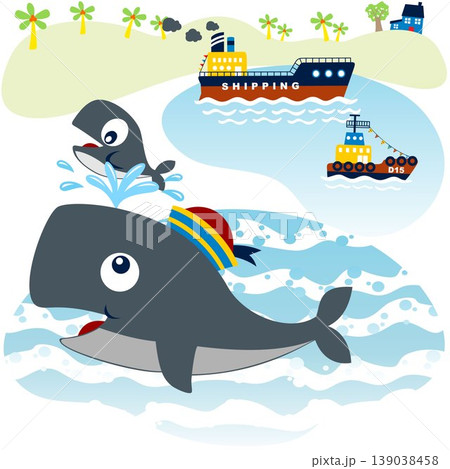 Big whale with it cub, cargo ship in the sea on island background, vector cartoon illustration 139038458