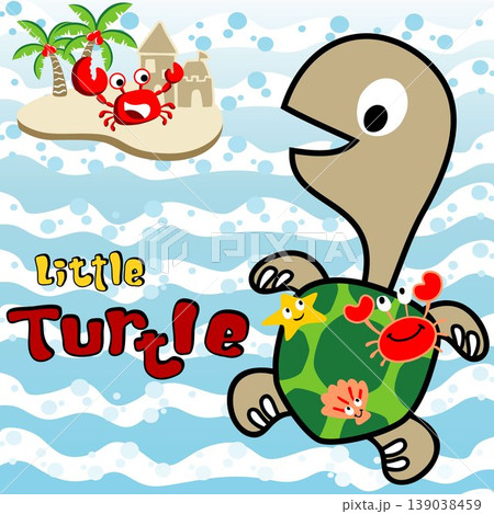 Funny turtle carrying marine animals on it back, little crab on small island, vector cartoon illustration 139038459