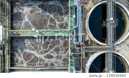 Sewage treatment plant, Water treatment plant from industry factory, Wastewater treatment plants, Water supply water recycling plant for reuse, Aerial view. Sewage treatment plant, Water treatment plant from industry factory, Wastewater treatment plants, Water supply water recycling plant for reuse, Aerial view. 139038484