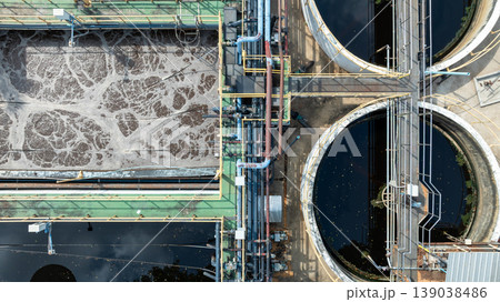 Sewage treatment plant, Water treatment plant from industry factory, Wastewater treatment plants, Water supply water recycling plant for reuse, Aerial view. 139038486