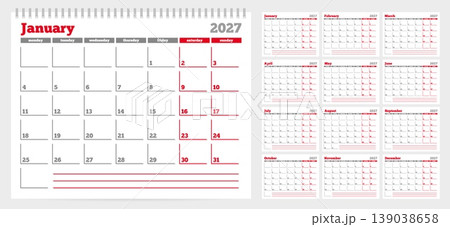 Calendar 2027 planner template. Week start on Monday. Set of 12 months. CMYK. Vector illustration for print 139038658