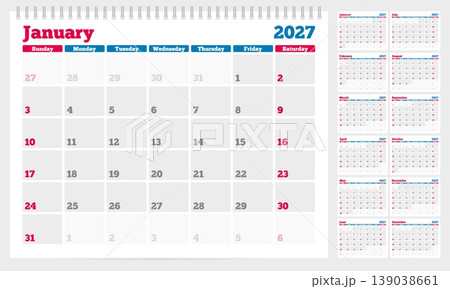 Calendar 2027 planner template. Week start on Sunday. Set of 12 months. CMYK. Vector illustration for print Calendar 2027 planner template. Week start on Sunday. Set of 12 months. CMYK. Vector illustration for print 139038661