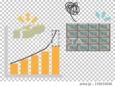 A graph illustrating a shortage of repair reserve funds and an illustration of a condominium with scaffolding. A graph illustrating a shortage of repair reserve funds and an illustration of a condominium with scaffolding. 139038686