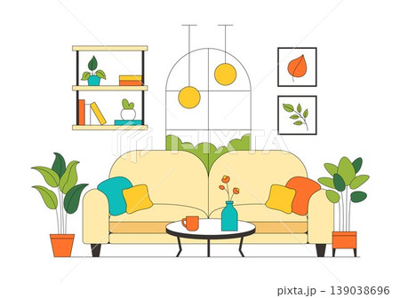 Living Room Vector Illustration of Modern Interior Design Featuring Sofa Coffee Table Plants Lighting and Cozy Home Decor Background 139038696