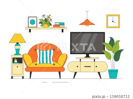 Living Room Vector Illustration of Modern Interior Design Featuring Sofa Coffee Table Plants Lighting and Cozy Home Decor Background 139038712