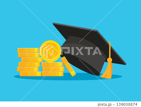 Graduation cap with money and coins for education investment Graduation cap with money and coins for education investment 139038874