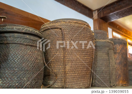 Woven basket inside traditional Toraja house, Sulawesi, Indonesia Woven basket inside traditional Toraja house, Sulawesi, Indonesia 139039055