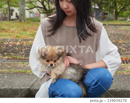 春の公園で可愛いポメラニアンの子犬を連れて散歩する女子中学生の姿 139039278