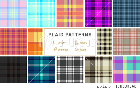 Decorative plaid pattern bundle for autumn gift wrap. Coordinated tartan designs enhance presentation. Seamless vectors align edges. Decorative plaid pattern bundle for autumn gift wrap. Coordinated tartan designs enhance presentation. Seamless vectors align edges. 139039369