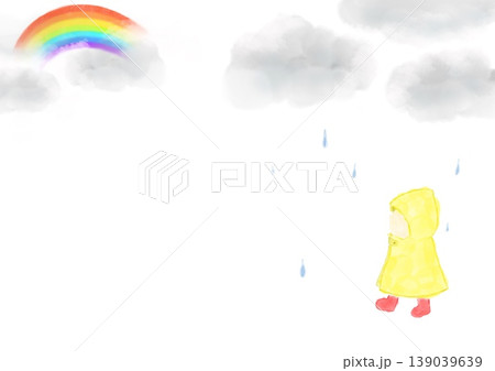 雨上がりの空の虹と黄色いレインコートと赤い長靴の子供と梅雨の雨雲の水彩背景 139039639