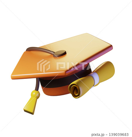Graduation cap and diploma on transparent background. 3D illustration. High resolution Graduation cap and diploma on transparent background. 3D illustration. High resolution 139039683