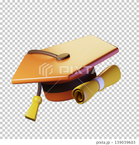 Graduation cap and diploma on transparent background. 3D illustration. High resolution Graduation cap and diploma on transparent background. 3D illustration. High resolution 139039683
