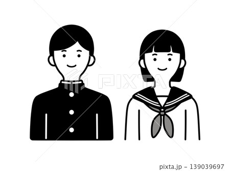 学生服を着た男女のイラスト(モノクロ版) 学生服を着た男女のイラスト(モノクロ版) 139039697