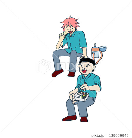 制服で座って楽しそうに会話しながらご飯を食べている男子学生2人の全身イラスト素材 139039943