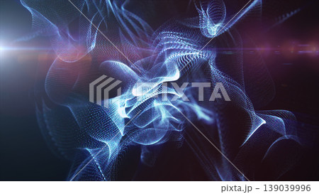 Abstract blue particle ribbons swirling in dark space with lens flare, glowing digital energy flow and futuristic technology background Abstract blue particle ribbons swirling in dark space with lens flare, glowing digital energy flow and futuristic technology background 139039996