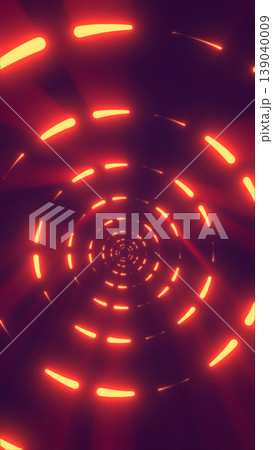 Red neon spiral tunnel with glowing segmented lights receding into the distance, creating a vivid futuristic depth effect. 139040009