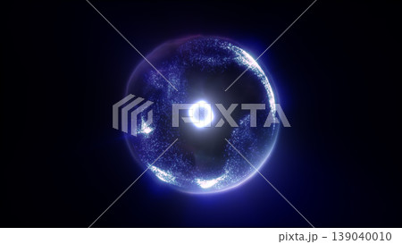 Glowing blue transparent energy sphere with a bright white core and sparkling particles, abstract futuristic cosmic technology background 139040010