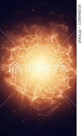 Fiery orange plasma explosion with glowing core and smoky particle cloud, abstract cosmic supernova energy background in space 139040019