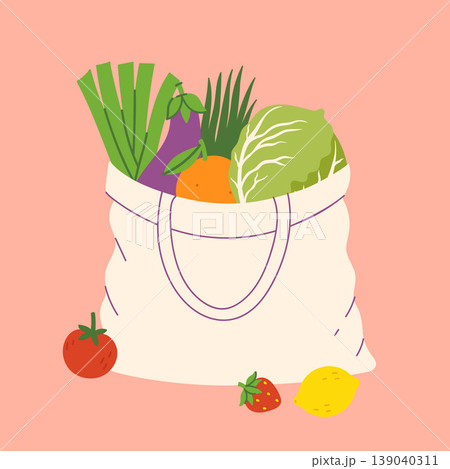 A bag full of fruits and vegetables. Vector graphics. 139040311
