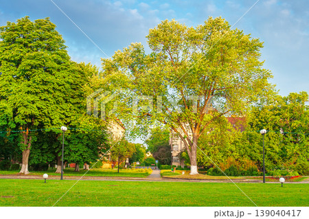 uzhhorod, ukraine - jun 03 2012: street of the old city in summer. path through park near narodna square in morning light. peaceful view of city scene for travel background. lush park lawns uzhhorod, ukraine - jun 03 2012: street of the old city in summer. path through park near narodna square in morning light. peaceful view of city scene for travel background. lush park lawns 139040417