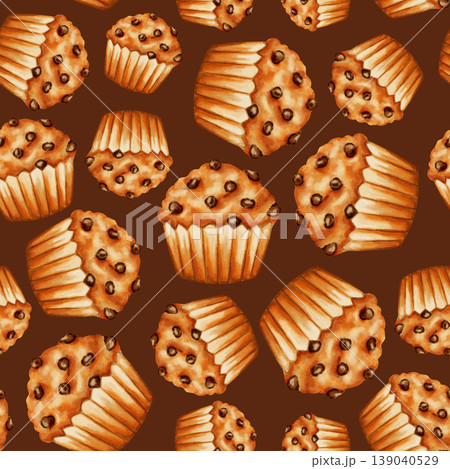 A watercolor seamless pattern featuring hand-drawn chocolate chip cupcakes. Perfect for bakeries, cafes, packaging, menu design, store branding, cookbooks, and recipes. A watercolor seamless pattern featuring hand-drawn chocolate chip cupcakes. Perfect for bakeries, cafes, packaging, menu design, store branding, cookbooks, and recipes. 139040529