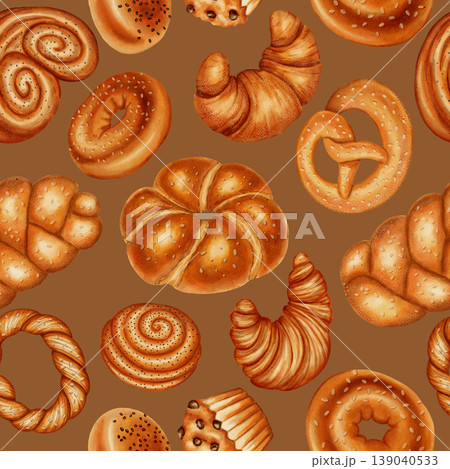 Watercolor seamless pattern with a variety of baked goods. Perfect for bakeries, coffee shops, packaging, branding, menu and design, cookbooks, and recipes. Hand-drawn bakery background. Watercolor seamless pattern with a variety of baked goods. Perfect for bakeries, coffee shops, packaging, branding, menu and design, cookbooks, and recipes. Hand-drawn bakery background. 139040533