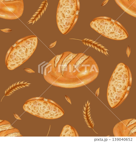 Seamless watercolor bread pattern with wheat and grains. White wheat bread. Perfect for bakeries, cafes, packaging, menus, food branding, and packaging. Hand-drawn illustration of baked goods. 139040652