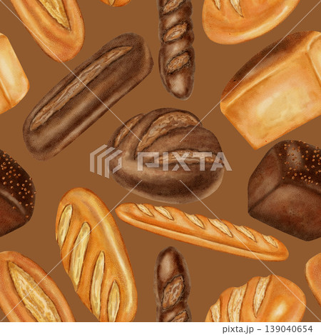 Watercolor seamless pattern with different loaves of bread. White and dark bread. Perfect for bakeries, coffee shops, menu design, packaging, store branding, backgrounds, cookbooks, and recipes. Watercolor seamless pattern with different loaves of bread. White and dark bread. Perfect for bakeries, coffee shops, menu design, packaging, store branding, backgrounds, cookbooks, and recipes. 139040654