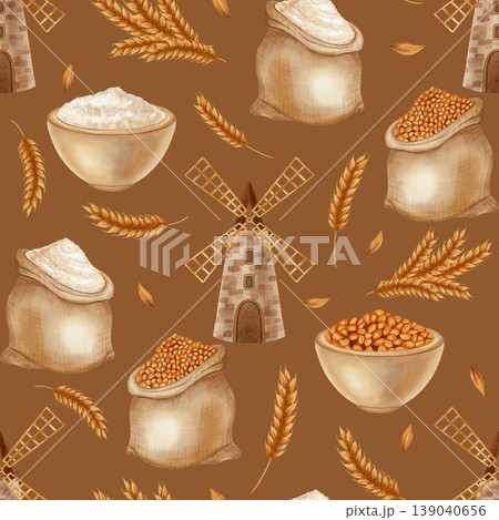 A seamless watercolor pattern featuring a mill, sacks of flour, grain, and wheat. Agriculture. Harvest. Food. Perfect for bakeries, cafes, menus, packaging, and farm branding. A seamless watercolor pattern featuring a mill, sacks of flour, grain, and wheat. Agriculture. Harvest. Food. Perfect for bakeries, cafes, menus, packaging, and farm branding. 139040656