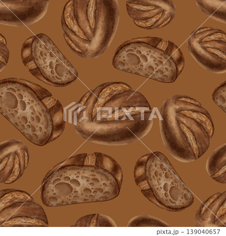 Watercolor seamless pattern with loaves of black bread. Rye bread. Perfect for bakeries, coffee shops, menu design, packaging, store branding and backgrounds, cookbooks, and recipes. Watercolor seamless pattern with loaves of black bread. Rye bread. Perfect for bakeries, coffee shops, menu design, packaging, store branding and backgrounds, cookbooks, and recipes. 139040657