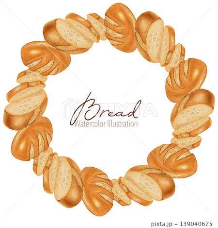 Watercolor illustration circular frame of various loaves of dark and white bread. Perfect for bakery branding, menu, food packaging, cookbooks, recipes, food markets, and cooking schools. Watercolor illustration circular frame of various loaves of dark and white bread. Perfect for bakery branding, menu, food packaging, cookbooks, recipes, food markets, and cooking schools. 139040675