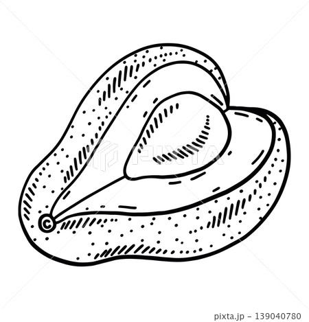Vector illustration of a ripe avocado half with pit. Isolated sketch of organic tropical fruit in engraved style for menu, kitchen decor or healthy food packaging. 139040780
