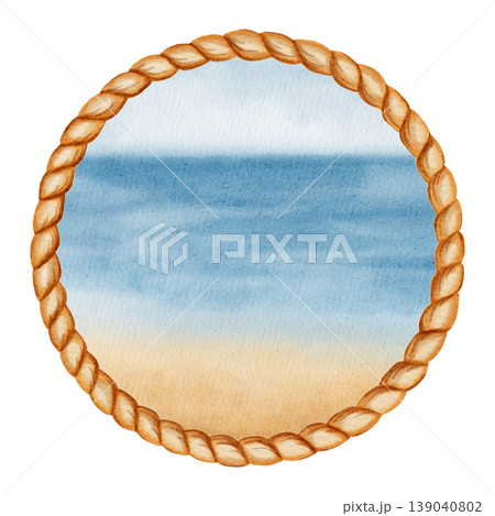 Watercolor sea beach landscape in round rope frame. Summer ocean view with blue water, sandy shore on white. Children's, nautical, travel themes. Suitable for design, prints, postcards, sea travel 139040802
