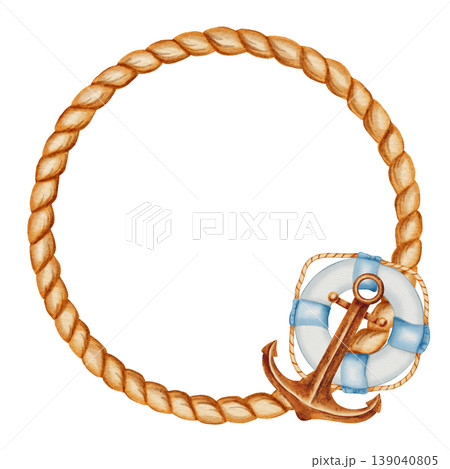 Watercolor frame made of marine rope with a lighthouse, steering wheel, anchor, spyglass, ship. Children's, nautical, travel themes. Suitable for design, prints, postcards, sea travel Watercolor frame made of marine rope with a lighthouse, steering wheel, anchor, spyglass, ship. Children's, nautical, travel themes. Suitable for design, prints, postcards, sea travel 139040805