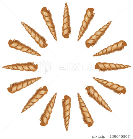 Watercolor wreath made of long spiral seashells. Round marine frame for nautical patterns and summer designs. Children's, nautical, travel themes. Suitable for design, prints, postcards, sea travel Watercolor wreath made of long spiral seashells. Round marine frame for nautical patterns and summer designs. Children's, nautical, travel themes. Suitable for design, prints, postcards, sea travel 139040807