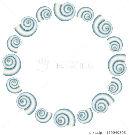 Watercolor wreath made of long spiral seashells. Round marine frame for nautical patterns and summer designs. Children's, nautical, travel themes. Suitable for design, prints, postcards, sea travel Watercolor wreath made of long spiral seashells. Round marine frame for nautical patterns and summer designs. Children's, nautical, travel themes. Suitable for design, prints, postcards, sea travel 139040808
