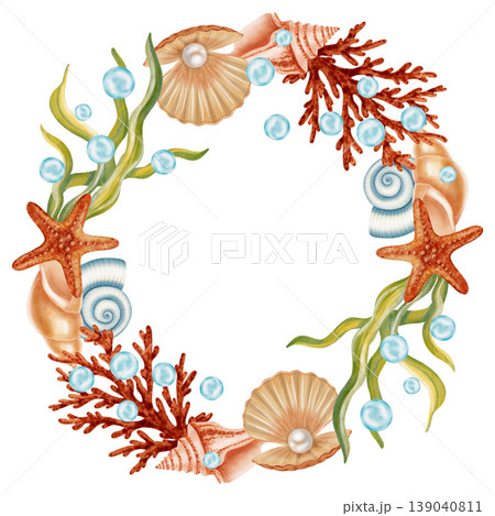 Watercolor marine wreath with red corals, seashells, starfish and pearls. Children's, nautical, travel themes. Suitable for design, prints, postcards, sea travel Watercolor marine wreath with red corals, seashells, starfish and pearls. Children's, nautical, travel themes. Suitable for design, prints, postcards, sea travel 139040811