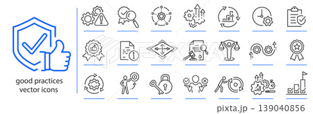 good practices icons, quality icon set, standards policy simple symbols, linear vector illustration, outline editable stroke good practices icons, quality icon set, standards policy simple symbols, linear vector illustration, outline editable stroke 139040856