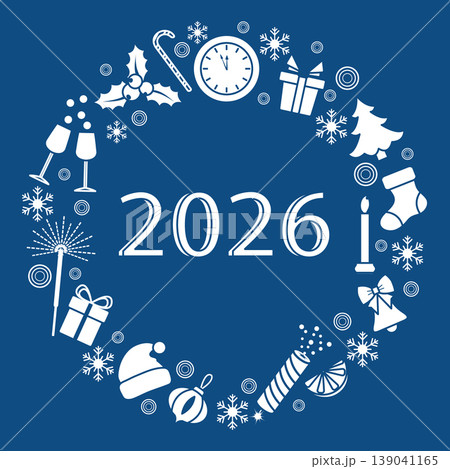 New year 2026 wreath design with festive holiday icons and text space on blue background New year 2026 wreath design with festive holiday icons and text space on blue background 139041165