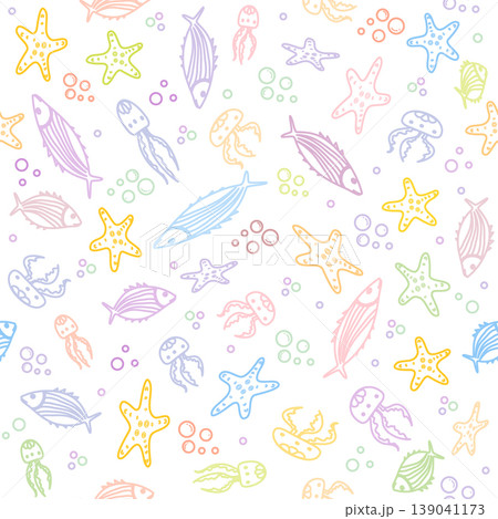Seamless pattern with colorful marine life motifs featuring fish, starfish, and jellyfish Seamless pattern with colorful marine life motifs featuring fish, starfish, and jellyfish 139041173