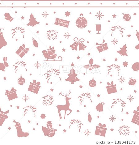 Christmas pattern with festive icons like reindeer, gifts, and trees on white background Christmas pattern with festive icons like reindeer, gifts, and trees on white background 139041175
