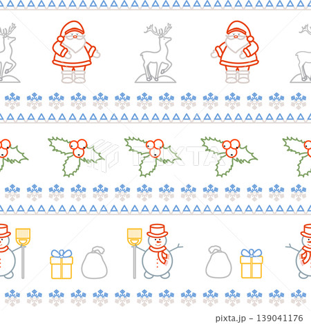Christmas pattern with santa, reindeer, snowmen, and holly elements on white background 139041176