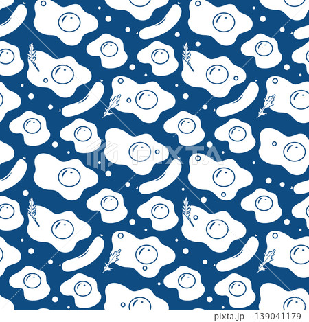 Seamless pattern with fried eggs, sausages, and herbs on a dark blue background 139041179