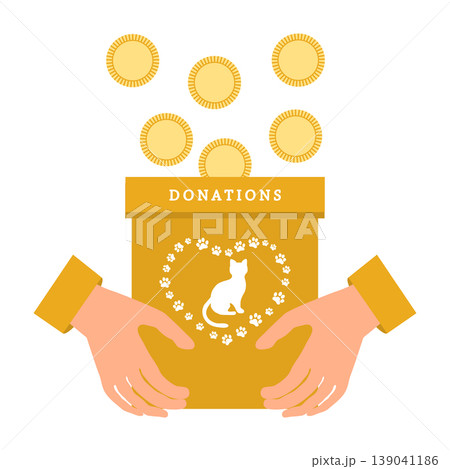 Donation box with cat symbol and coins on white, representing charitable giving concept Donation box with cat symbol and coins on white, representing charitable giving concept 139041186